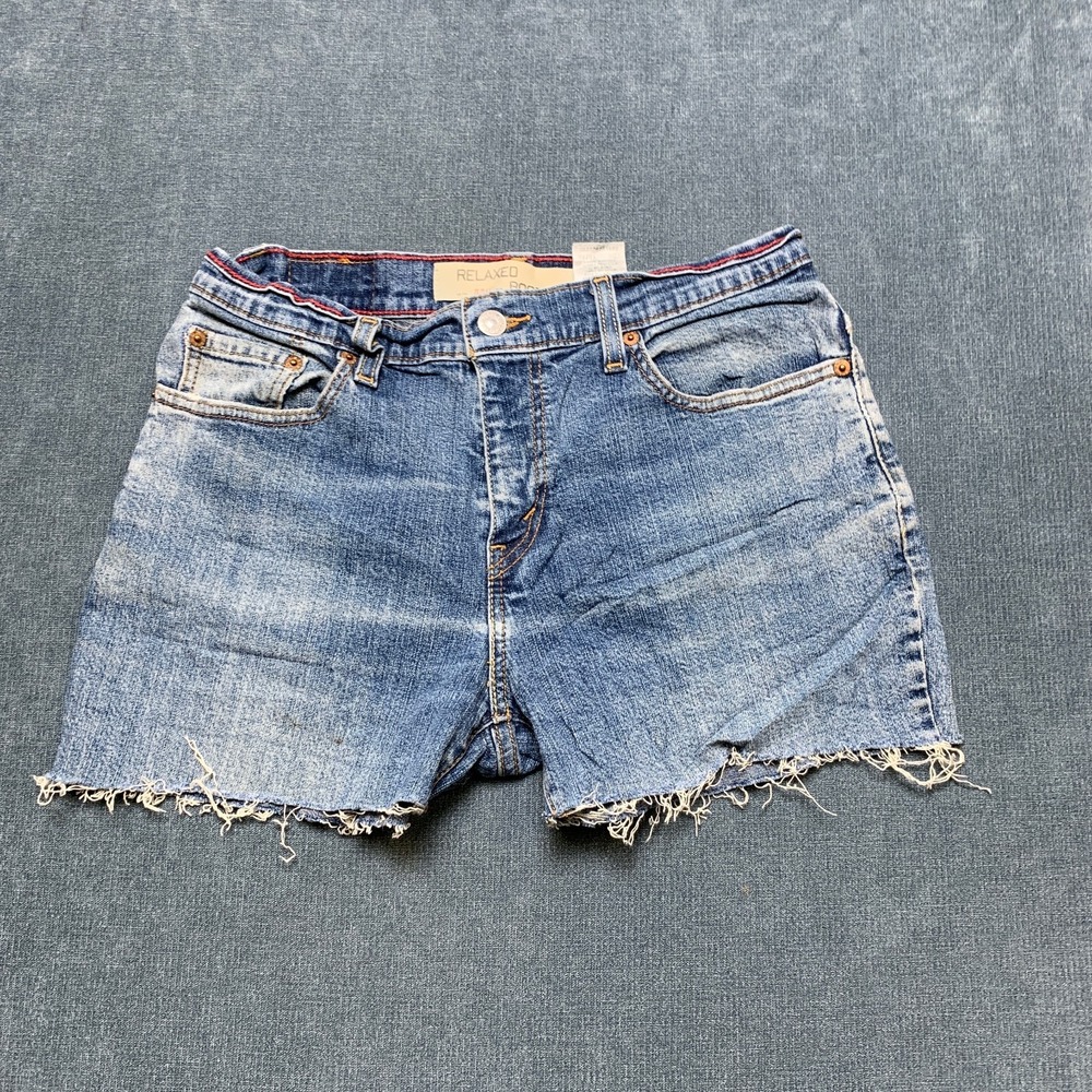 Levi's 550 Cut Off Shorts Womens 10M Blue Denim Relaxed Fit Frayed Hem Stretch